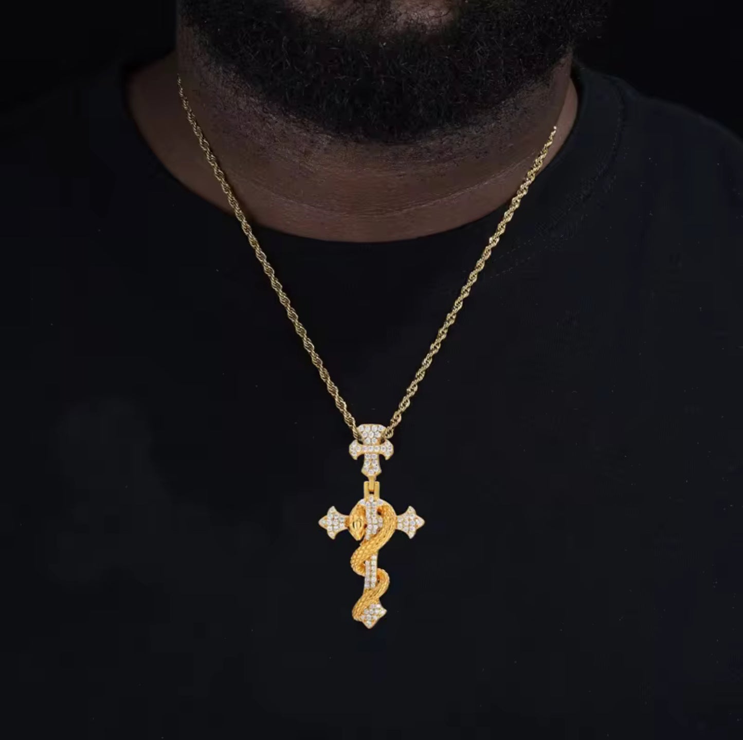 Serpent’s Embrace — Moissanite Snake Cross Pendant