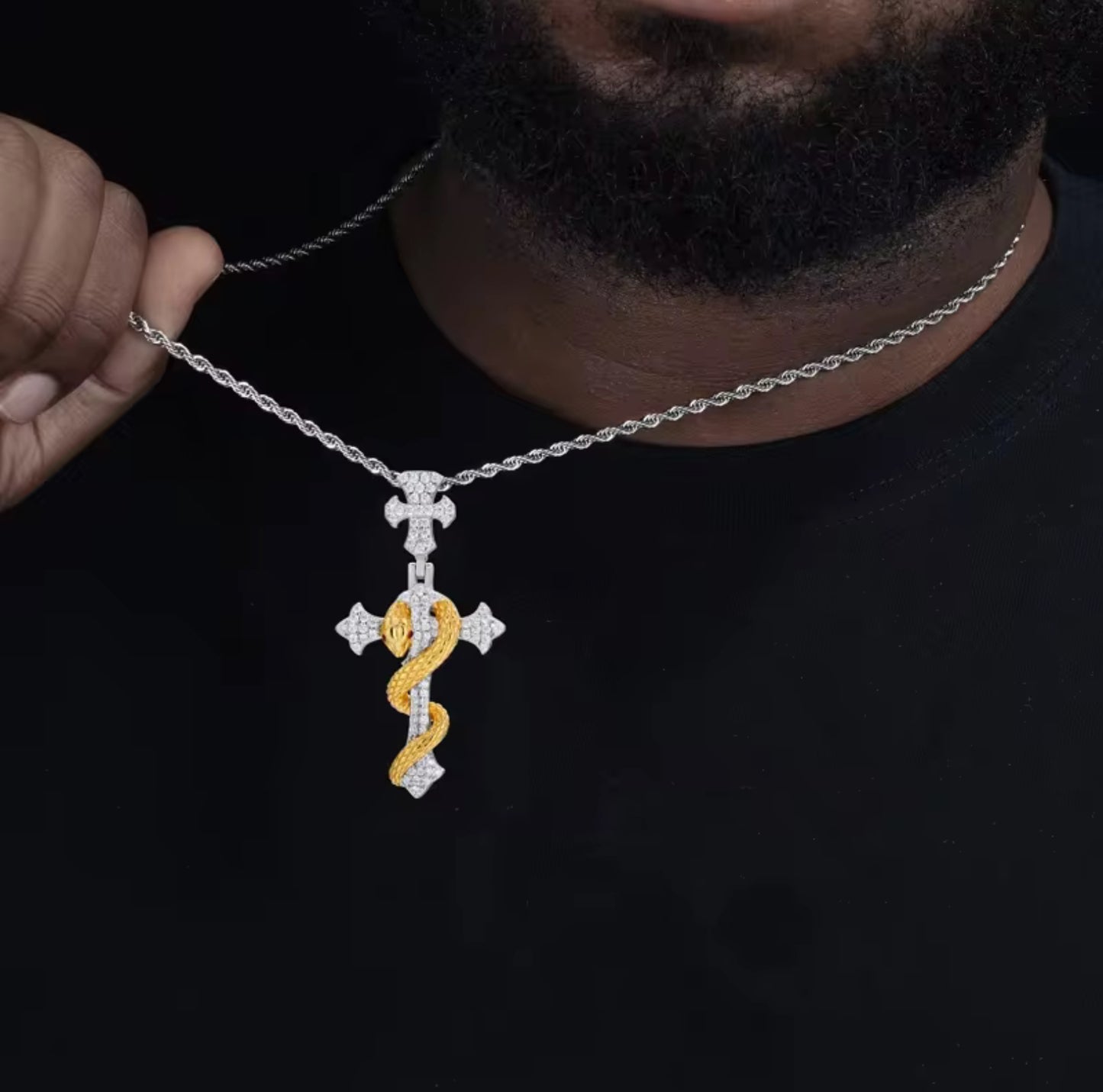 Serpent’s Embrace — Moissanite Snake Cross Pendant
