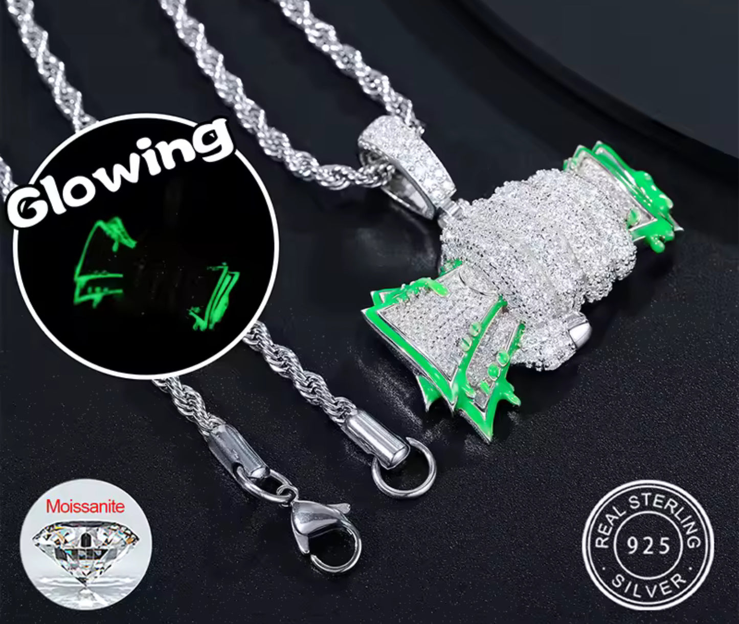 Power Grip — Moissanite Glow-in-the-Dark Fist of Cash Pendant