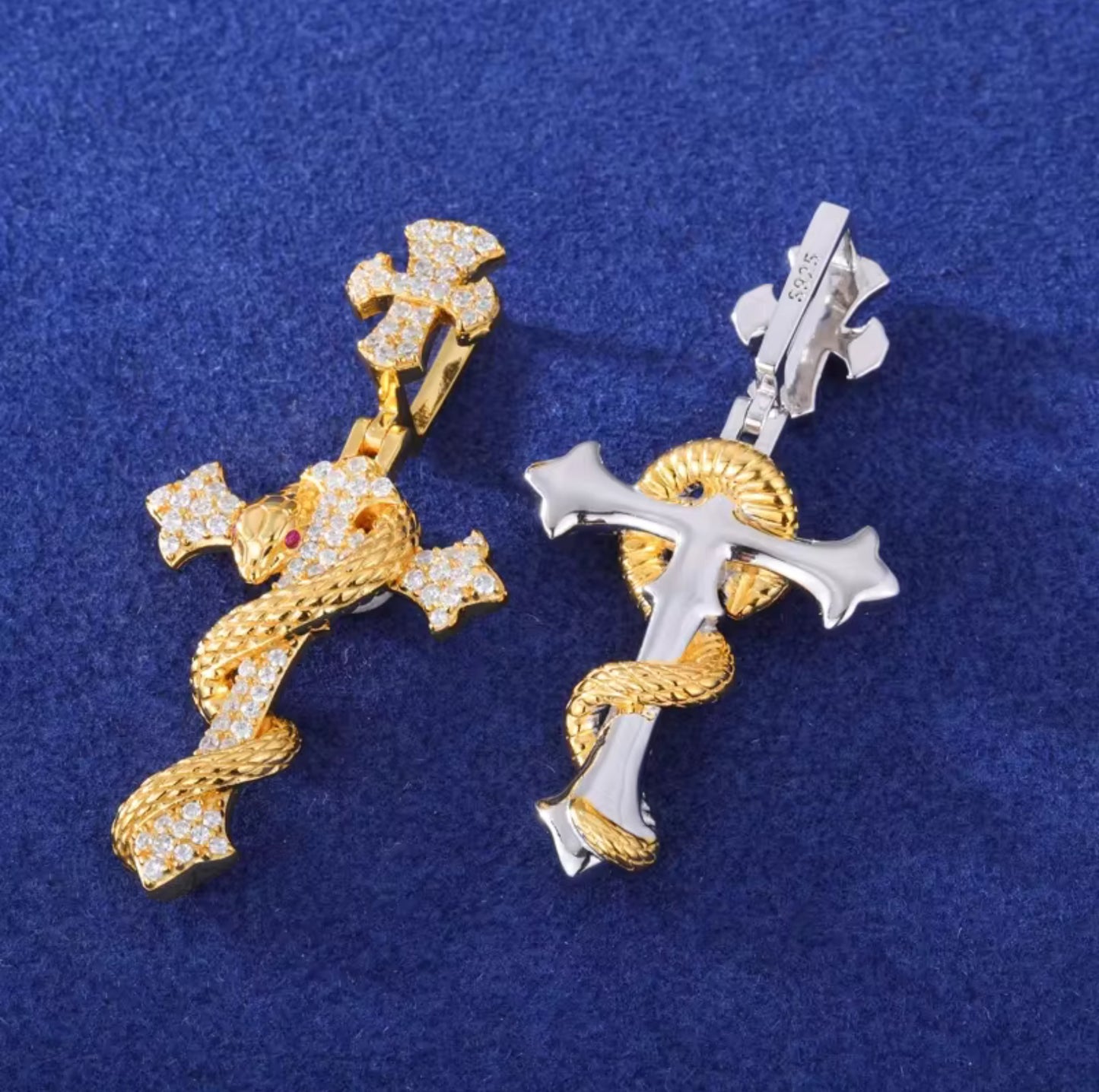 Serpent’s Embrace — Moissanite Snake Cross Pendant