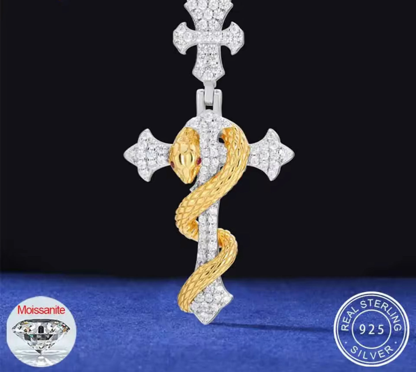 Serpent’s Embrace — Moissanite Snake Cross Pendant