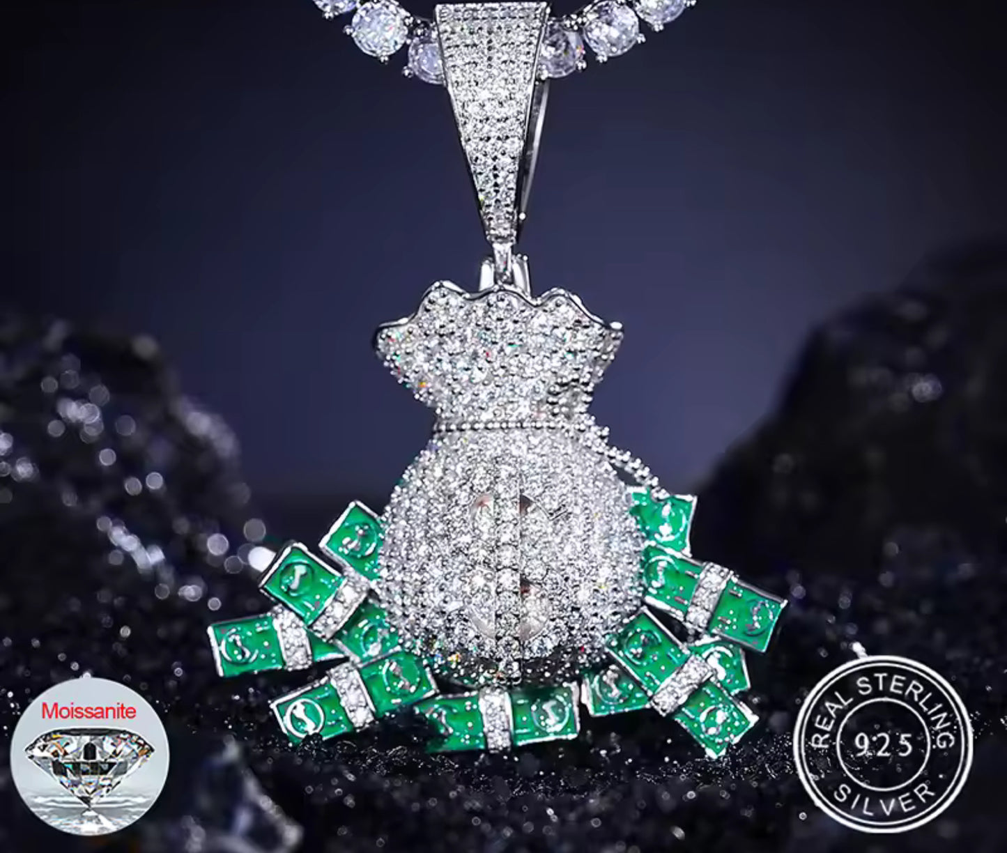 Wealth Unchained — Moissanite Glow-in-the-Dark Overflowing Moneybag Pendant