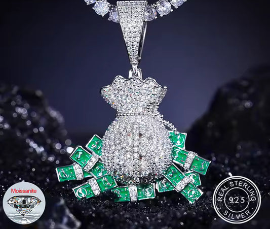 Wealth Unchained — Moissanite Glow-in-the-Dark Overflowing Moneybag Pendant