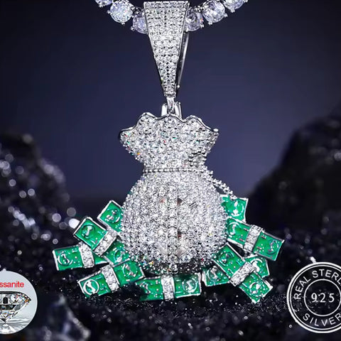 Wealth Unchained — Moissanite Glow-in-the-Dark Overflowing Moneybag Pendant