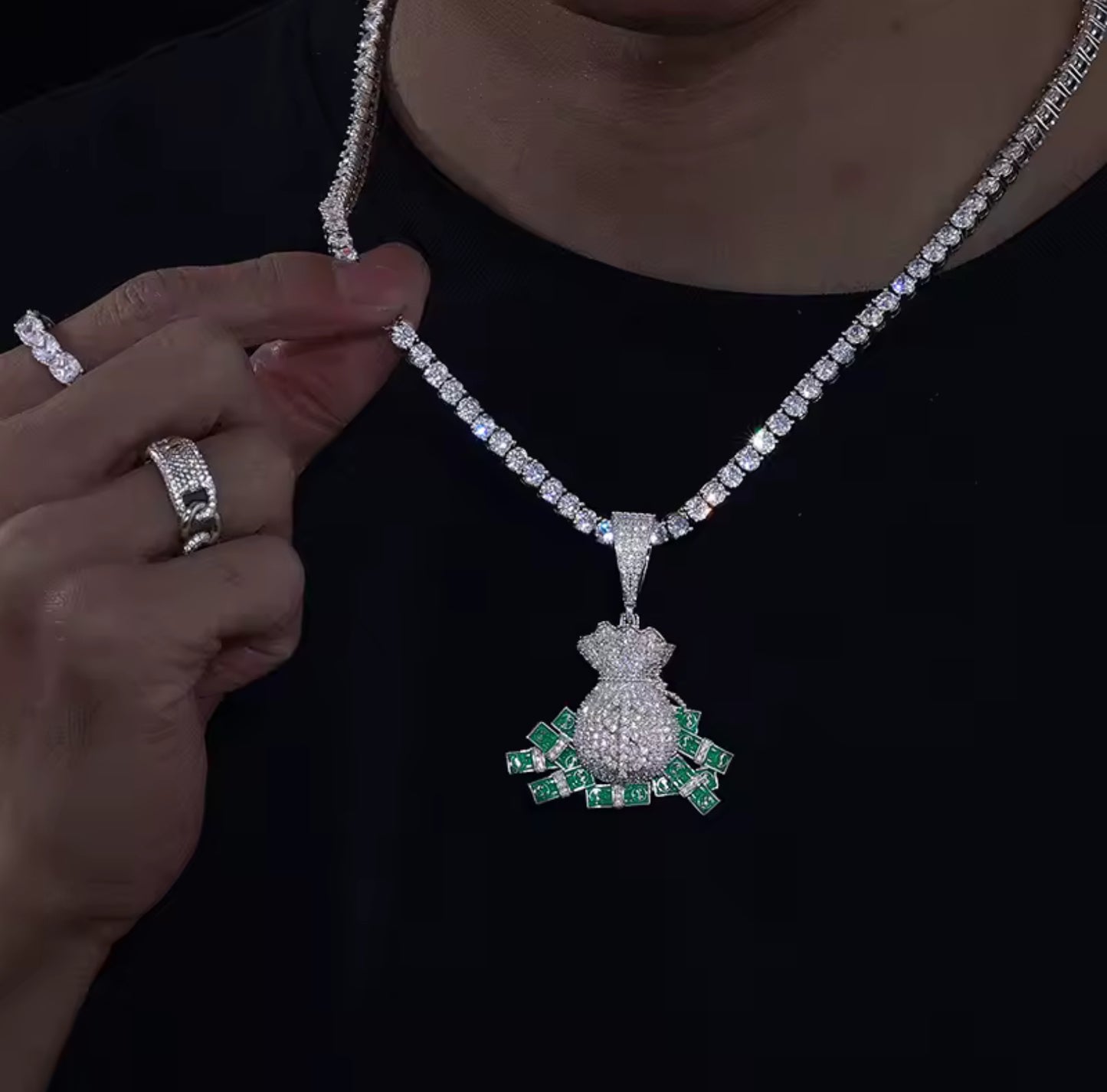 Wealth Unchained — Moissanite Glow-in-the-Dark Overflowing Moneybag Pendant