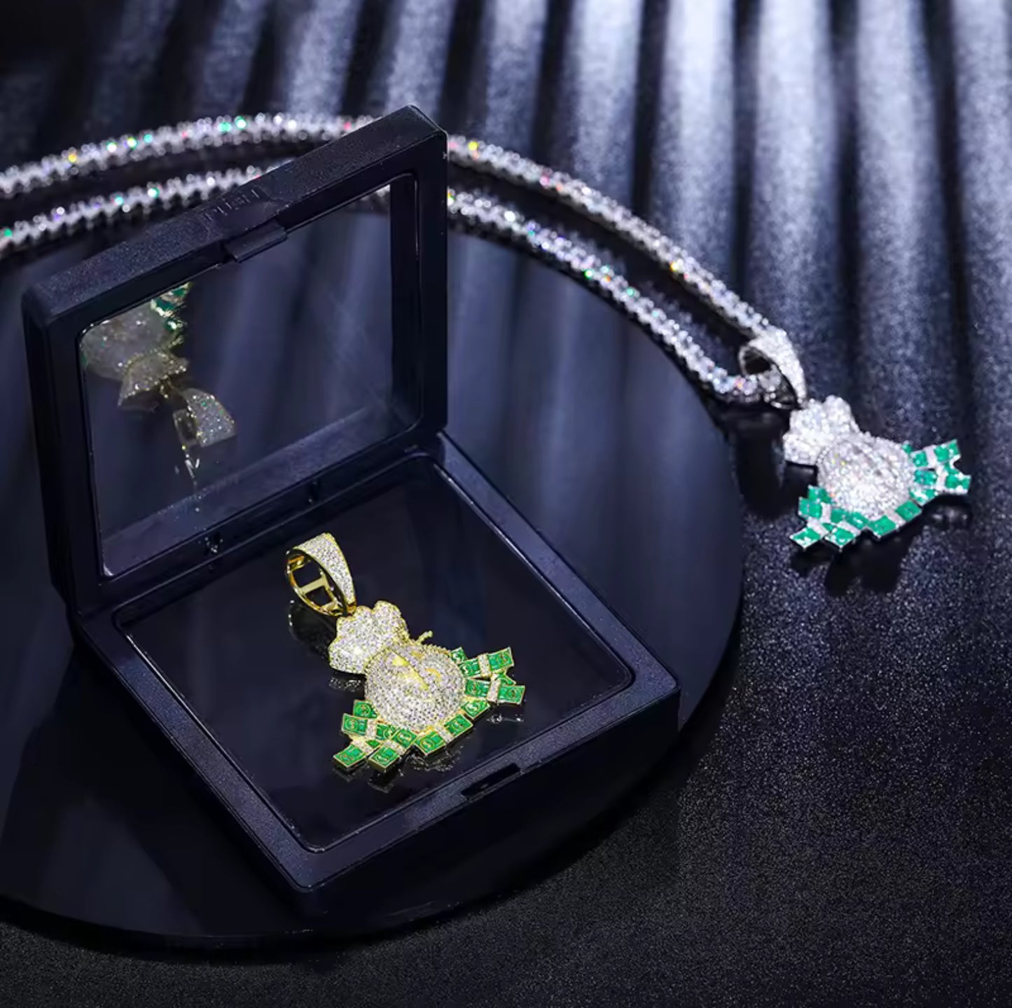 Wealth Unchained — Moissanite Glow-in-the-Dark Overflowing Moneybag Pendant