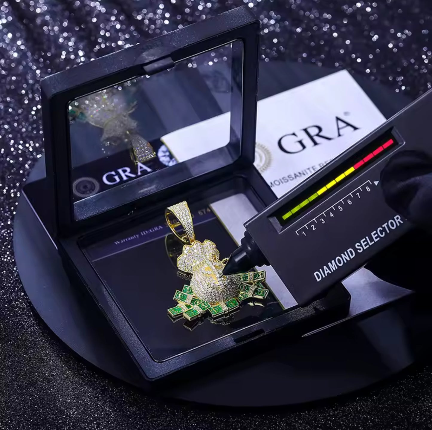 Wealth Unchained — Moissanite Glow-in-the-Dark Overflowing Moneybag Pendant