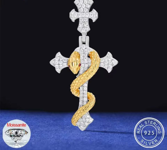 Serpent’s Embrace — Moissanite Snake Cross Pendant