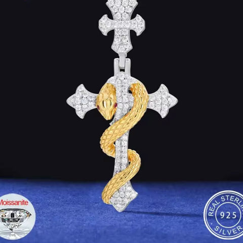 Serpent’s Embrace — Moissanite Snake Cross Pendant